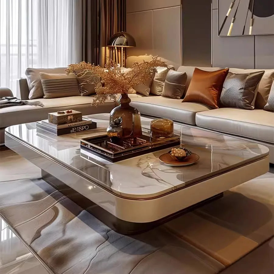 Metal Minimalist Coffee Table Low-Profile Rectangular With Concealed Storage — Marble White | KIMLUD