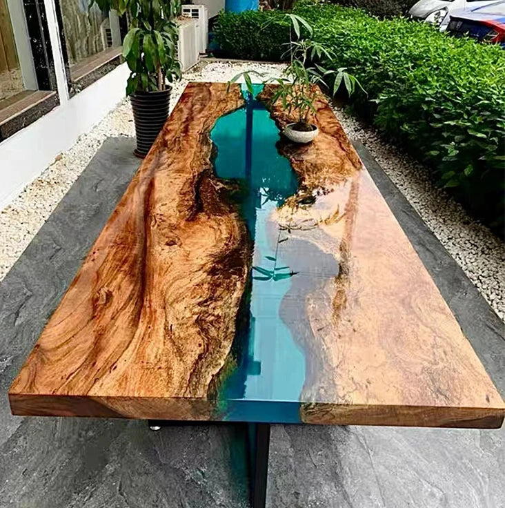 Walnut Wood Dining Table Top Amber Resin River — Walnut | KIMLUD