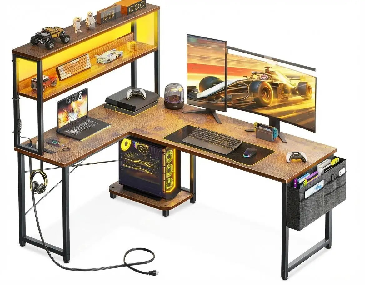 L Shaped Gaming Desk with Power Outlets & LED Lights, Corner Desk with Monitor Stand for Home Office, Space-Saving