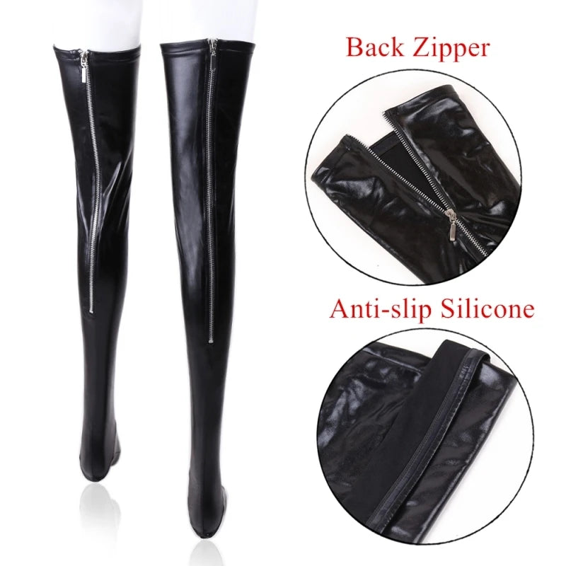 XXL Plus Size PVC Leather Thigh High Stockings Back Zipper Silicone Hold Up Party Club Medias Women Pole Dance Motorcycle Outfit