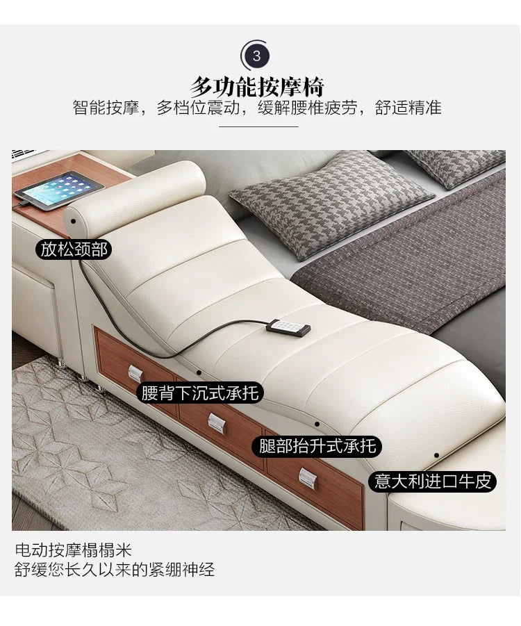 Genuine Leather Bed Tech Smart Multifunctional Massage, Bluetooth Speaker, Air Cleaner — White | KIMLUD