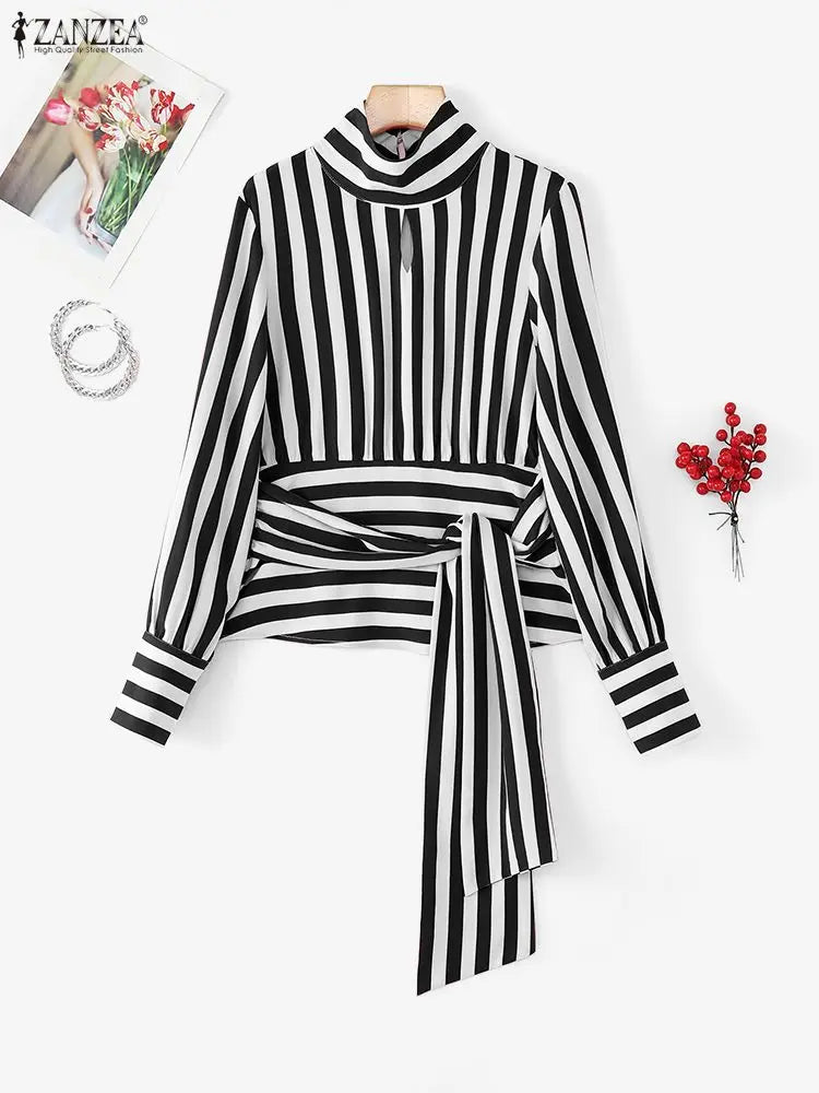 ZANZEA Women Stylish Tie Waist Striped Blouses 2025 Autumn Fashion Long Sleeve Cutout Turtleneck Tops Woman Clothing Streetwear