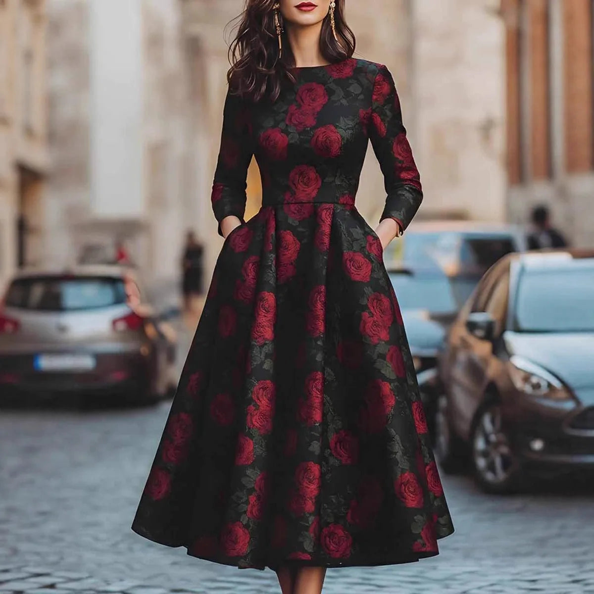 Dress Floral Print Polyester Regular Fit Multicolor | KIMLUD