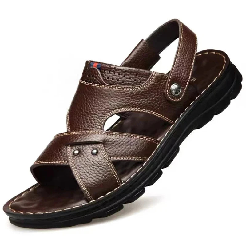 Genuine Leather Sandals Ankle-Wrap Thick-Sole Non-Slip — Cognac Brown | KIMLUD