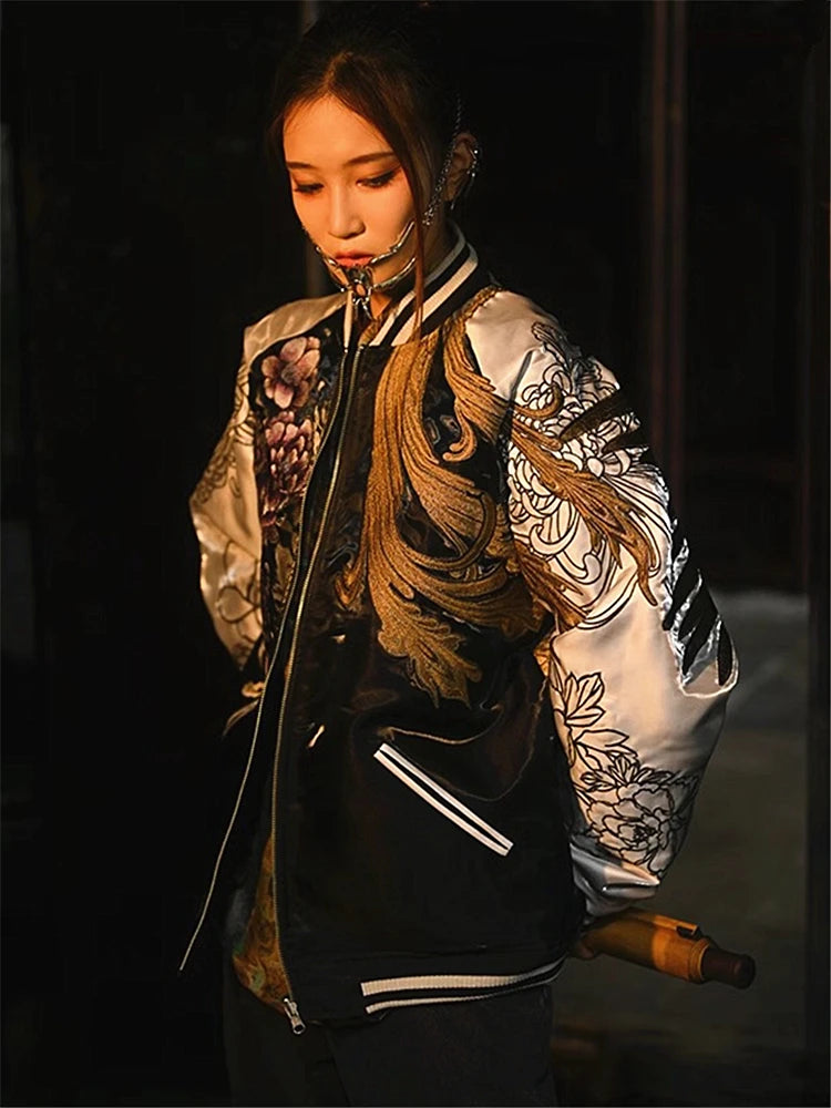 Polyester Sukajan Jacket Hand-Painted Dragon, Phoenix And Peony Embroidery Across Chest — Black | KIMLUD