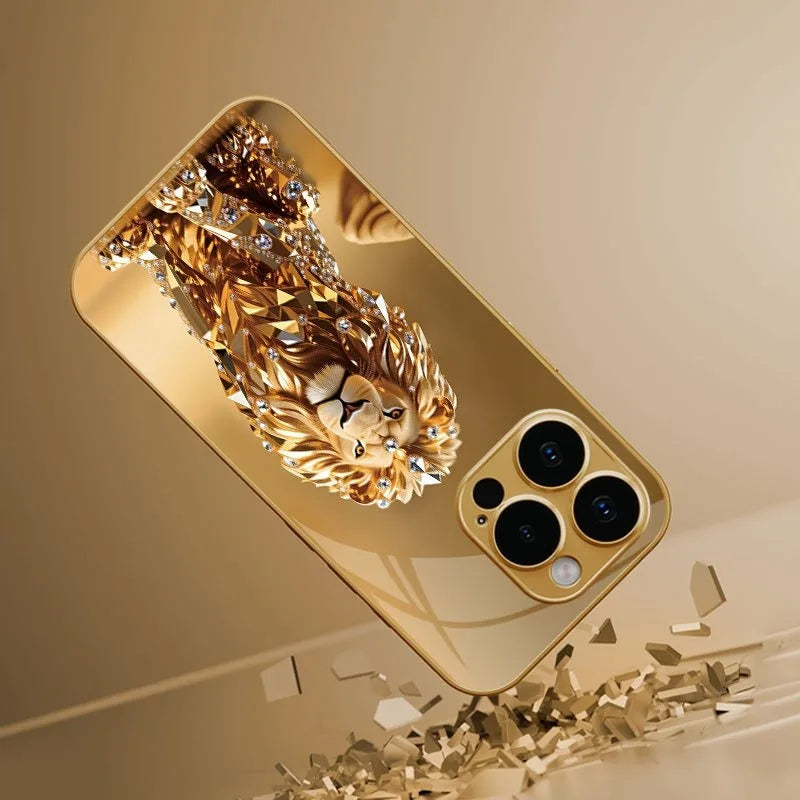 Phone Case – Gold Lion Pattern – Tempered Glass – Gold | KIMLUD