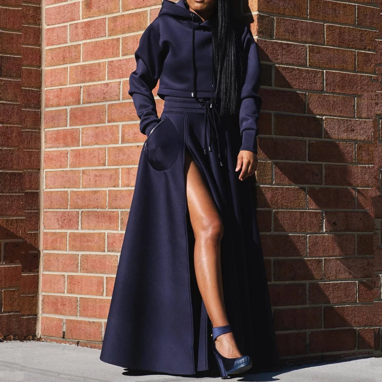 KIMLUD, CM.YAYA Fashion Women's Set Long Sleeve Hooded Sweatshirt and High Side Split A-line Maxi Skirt Suit 2024 Two 2 Piece Set Outfit, KIMLUD Womens Clothes