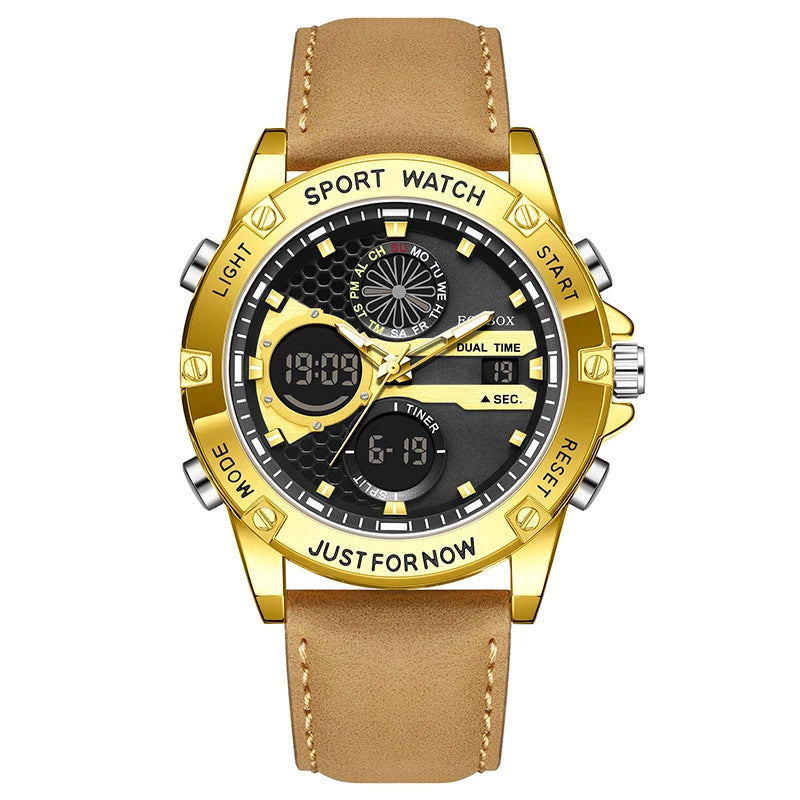 LIGE FOXBOX Fashion Electronic Watches for Men Leather Military Casual Sports Waterproof Dual Digital Display Quartz Chronograph