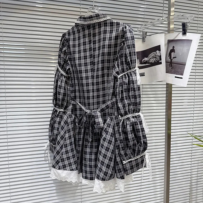 Shirt Dress – Plaid Bow Tie Long Sleeve – Polyester | KIMLUD