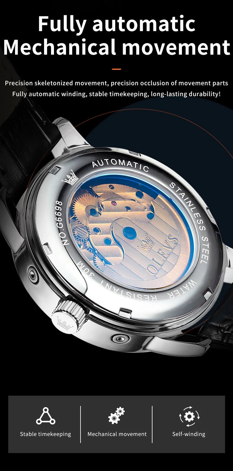 Leather Dress Watch Moon Phase Automatic — Black | KIMLUD