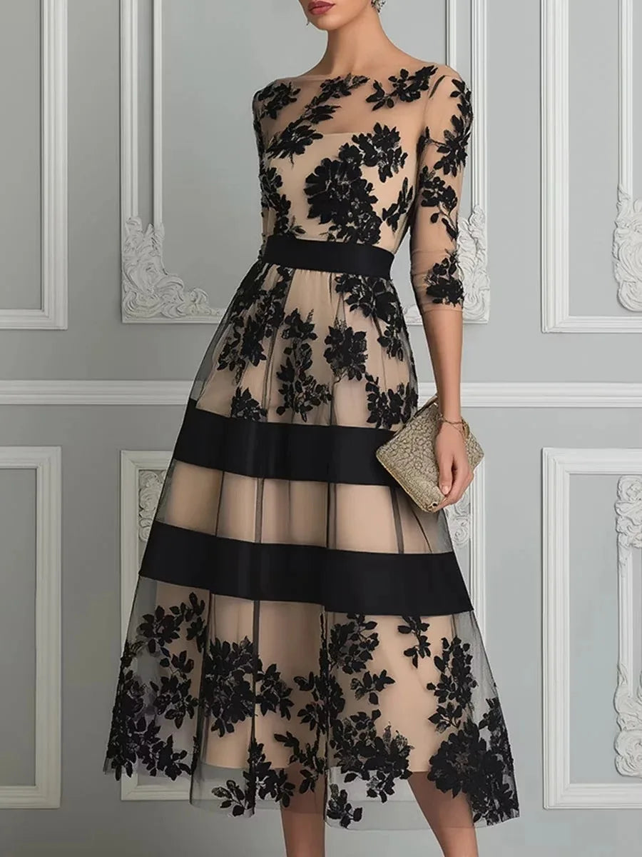 A-Line Evening Dress – Floral Flocking Tulle – Polyester – Black | KIMLUD