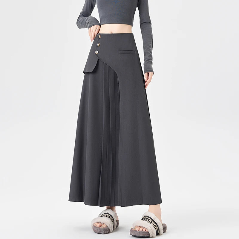 Grey Suiting Midi Skirts for Women High-Waisted A-Line Flare Skirt Perfect Hip-Camouflage Office Skirt for Autumn