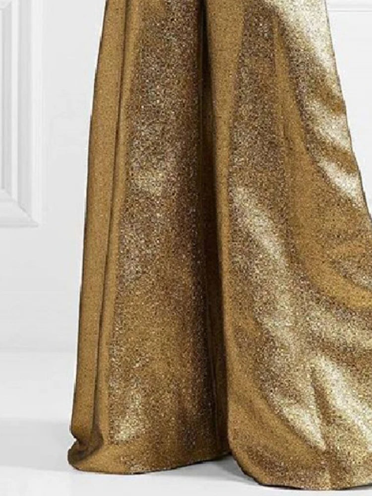 Women's Stylish Party Wear Pants Solid Gold High Waist A-line Wide Leg Pants Zippered Full-length Trousers Casual Pants