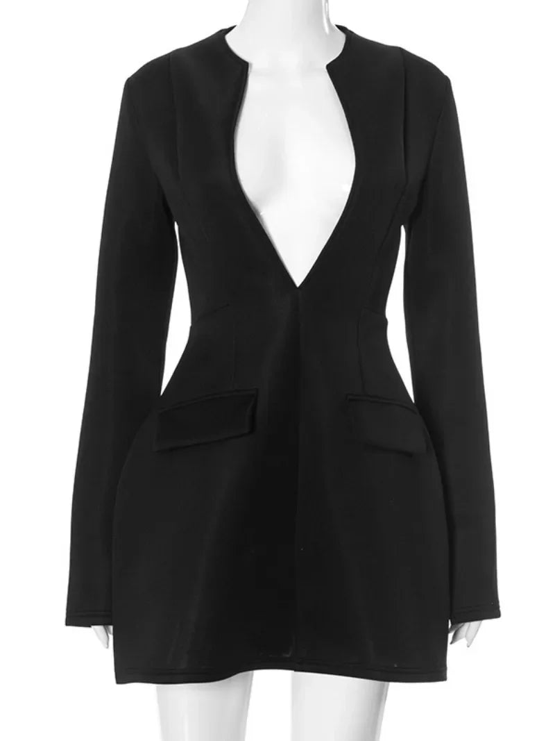 Fashion Deep V-neck Tunics Short Dress White Black Women Autumn Winter Long Sleeve High Waist Party Dresses Female Blazer Dress - KIMLUD
