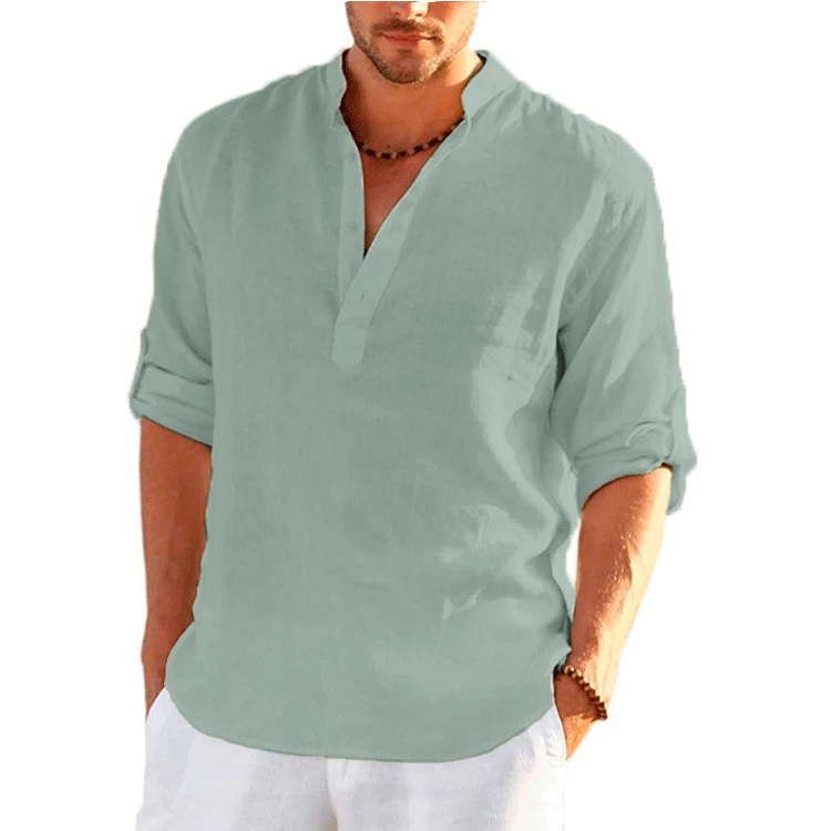New Men's Linen Long Sleeve T-Shirt Solid Color Loose Casual Shirt Long Sleeve Cotton Linen Shirt - KIMLUD