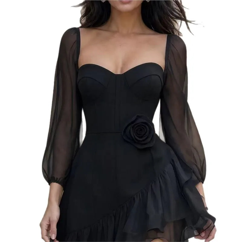Mini Dress – V-Neck Sheer Long Puff Sleeves – Polyester | KIMLUD