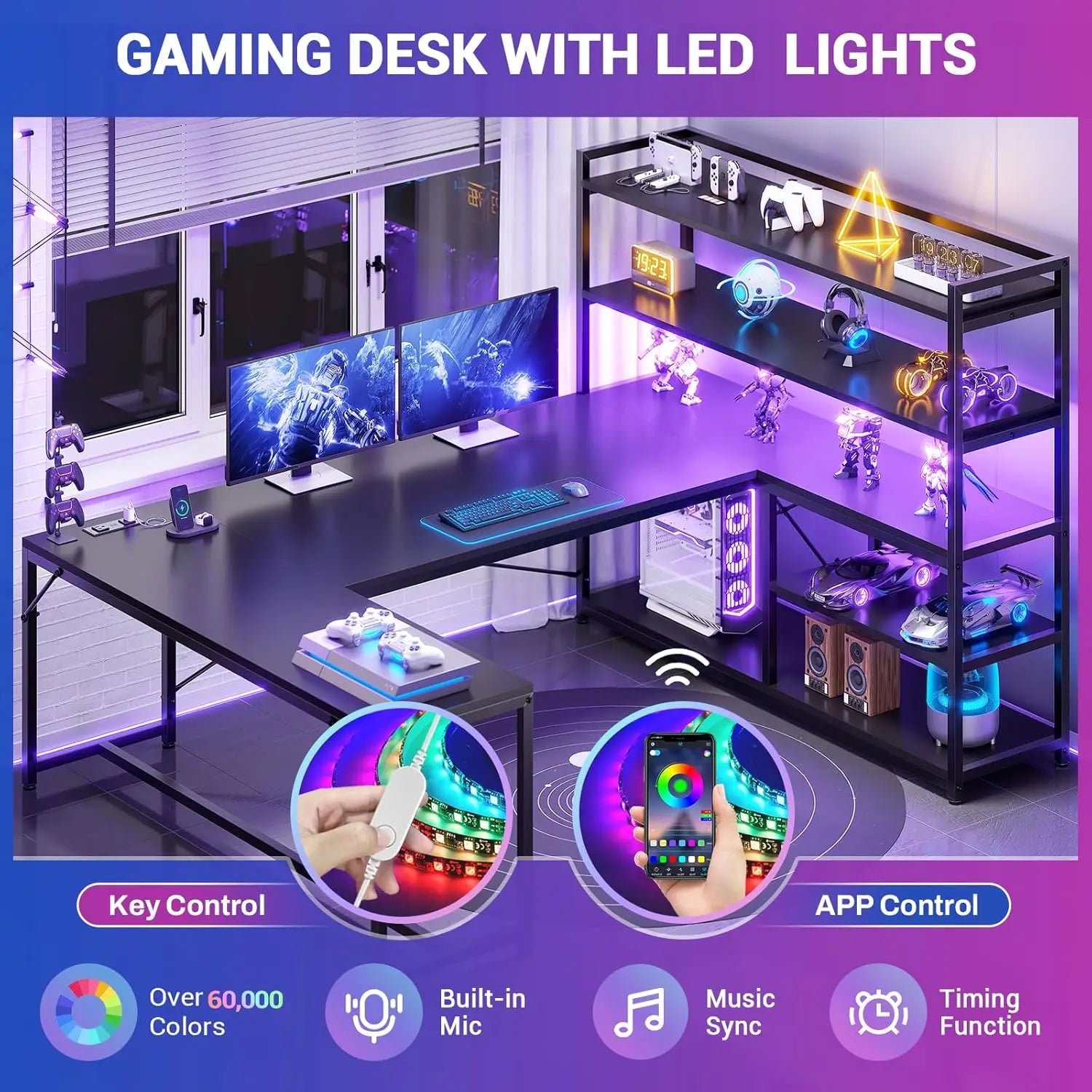L-Shaped Desk With LED Lights, Power Outlet and Storage — Obsidian Blue | KIMLUD