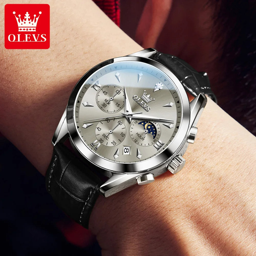 OLEVS Luxury Men's Watches Leather Strap Waterproof Luminous Chronograph Moon Phase Man Watch Top Original Quartz Watch for Men