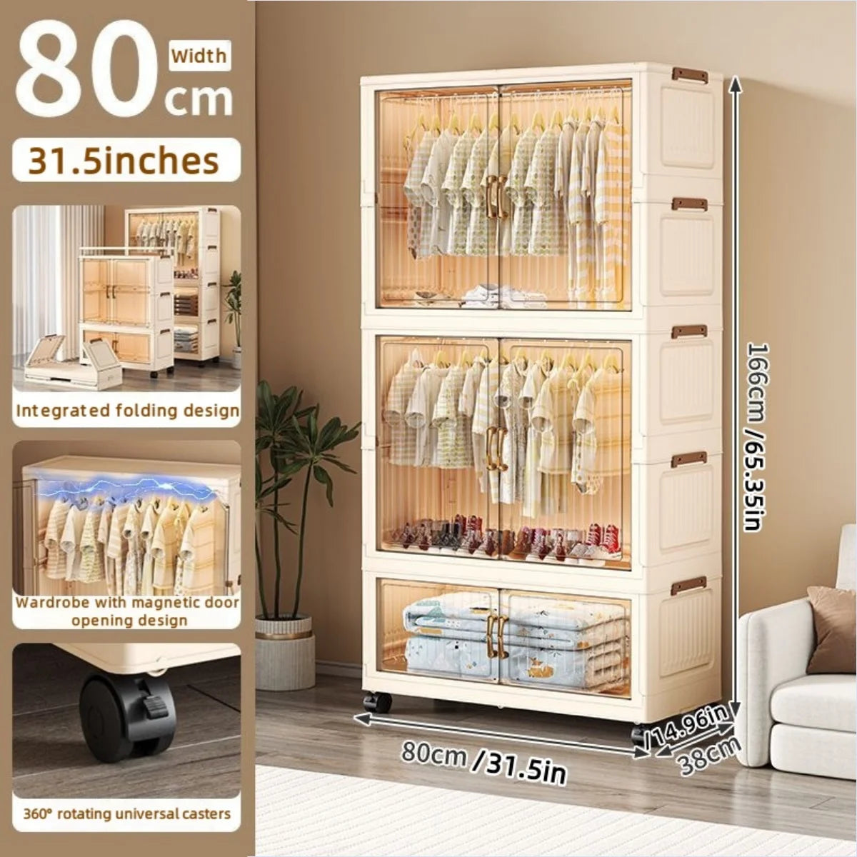 80cm no-installation folding storage cabinet, bedroom children's wardrobe, multi-layer storage box with wheels