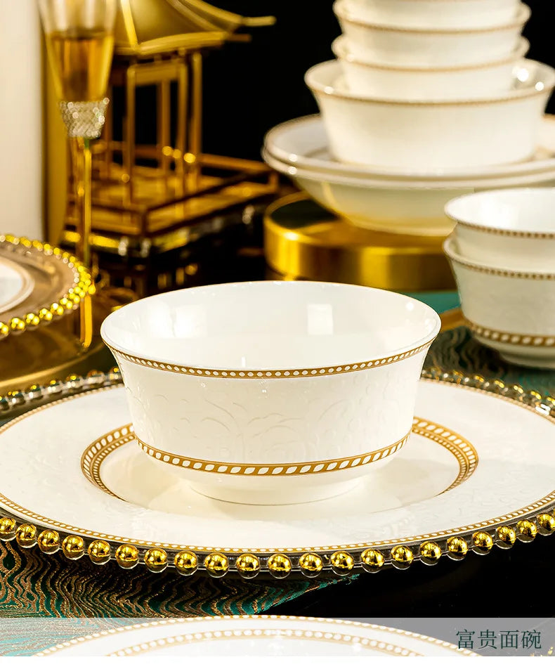 Bone China Bowl With Relief Rose And Gold Trim — White | KIMLUD