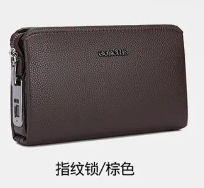 Leather Wallet Clutch Fingerprint Lock — Black | KIMLUD