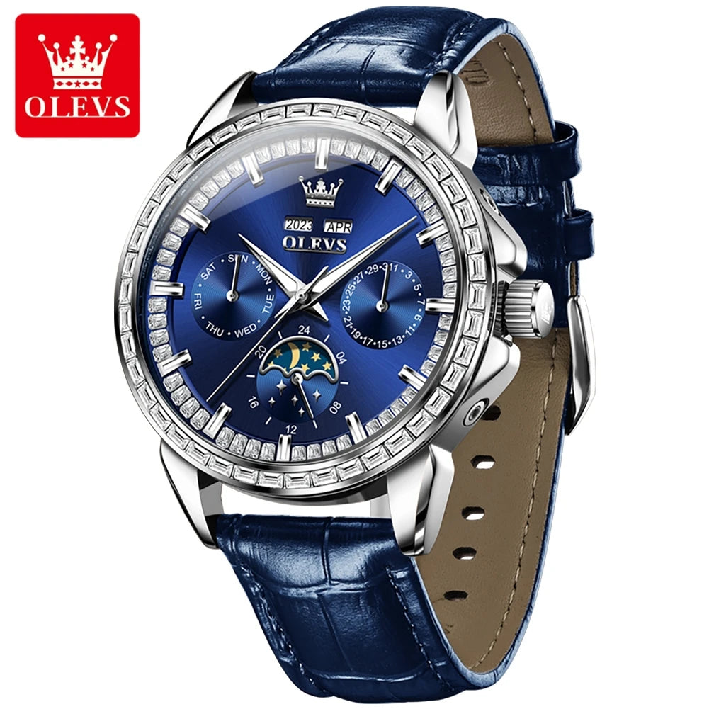 Moon Phase Leather Luxury Watch Diamond Bezel With Automatic Movement 41mm Case — Blue | KIMLUD