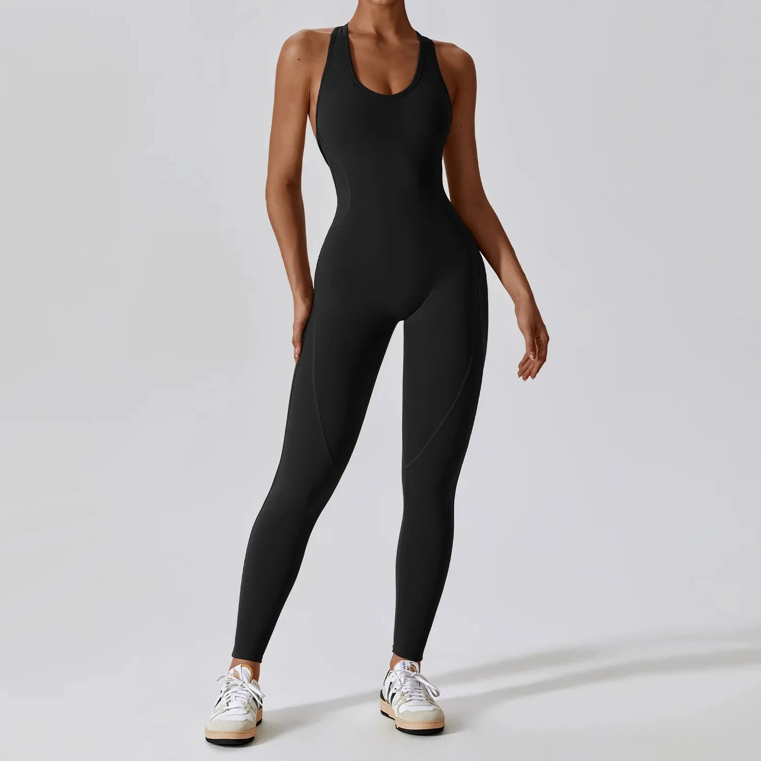 Nylon Tracksuit Jumpsuit Bodysuit — Athletic One-Piece Yoga Set — Black | KIMLUD