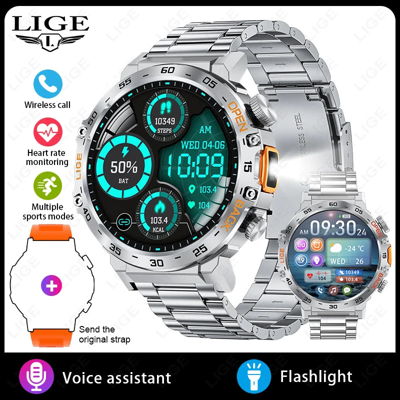 LIGE 2025 Smart Watch Men Sport Watches LED Flashlight 360*360 Ultra HD Screen Waterproof Fitness Bluetooth Call Men Smartwatch