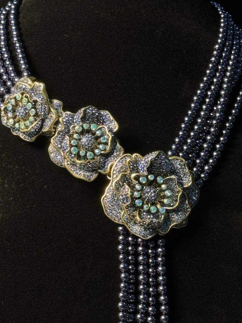 HD Europe and the United States  Retro Literature Sweet Heavy Multi-Layer Glaze Inlaid Shiny Rhinestone Flowers Tassel Necklace