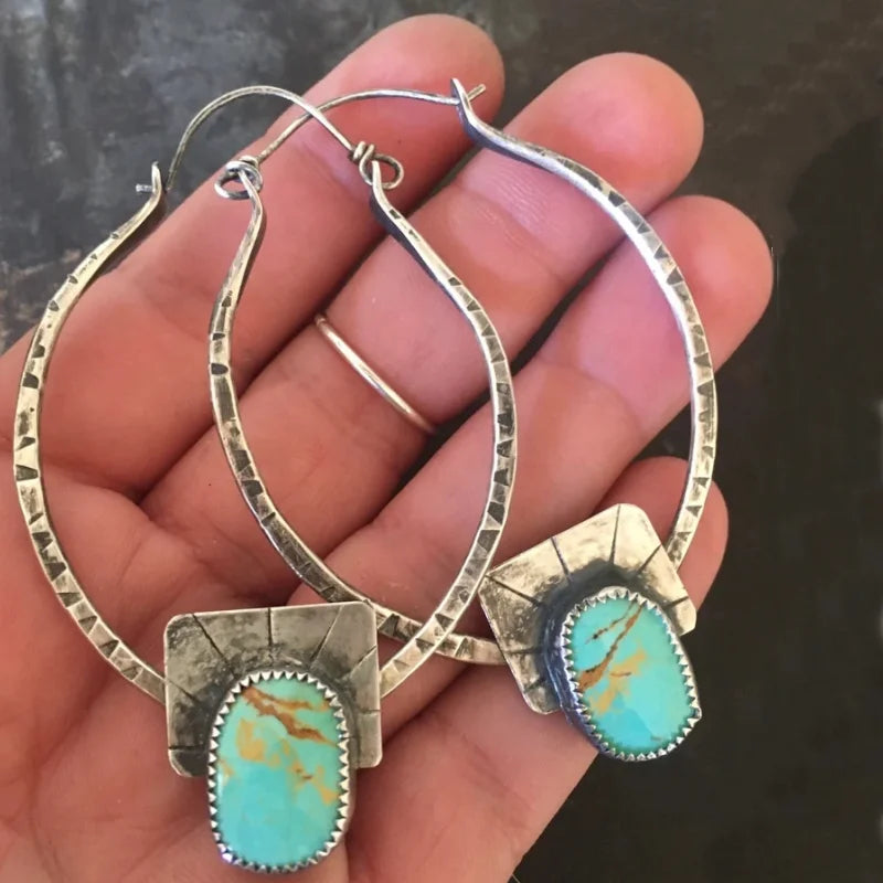 Boho-Chic Hoop Earrings - Silvery Plated, Synthetic Gemstone Inlay, Zinc Alloy - Perfect for Casual Attire & Gifting