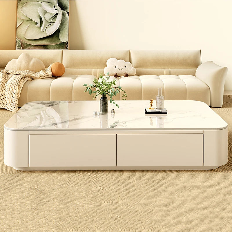 Rock-Slab Coffee Table With Wooden Frame — White | KIMLUD