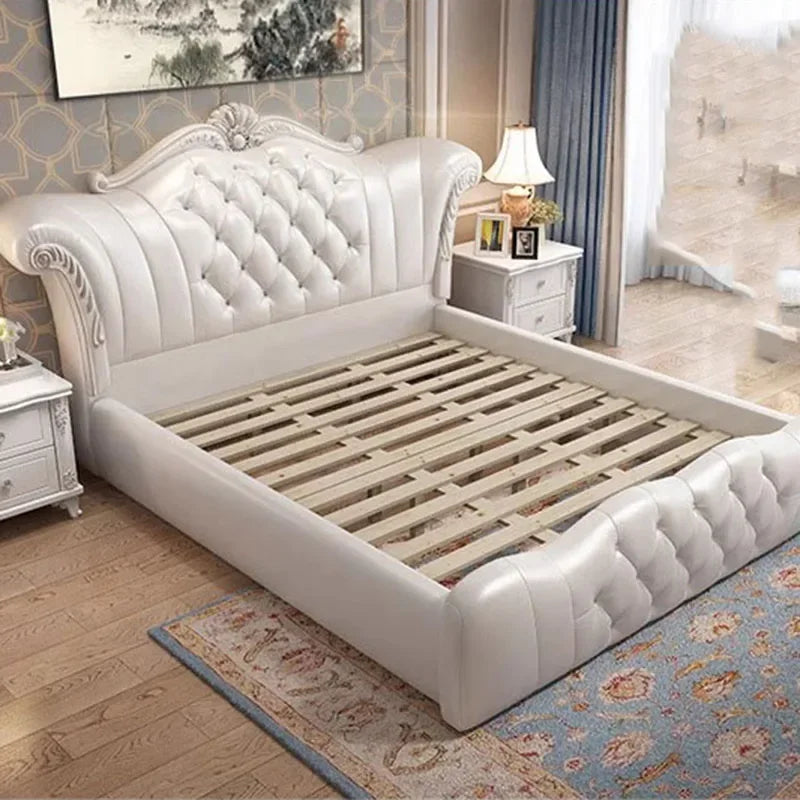 Wood Modern Leather Bed European Style With Contoured Frame And Plush Upholstery — Cream Ivory | KIMLUD