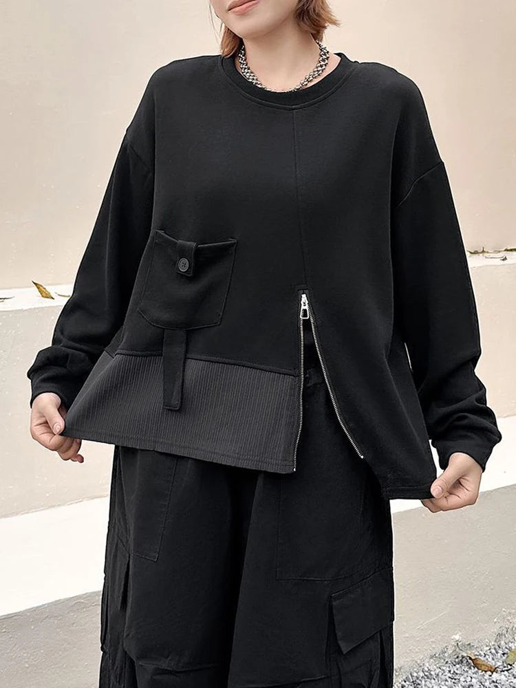 Sweatshirt - Pocket Zipper - Jersey - Black | KIMLUD
