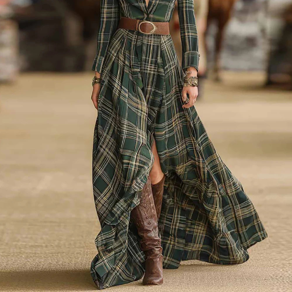 Elegant Western Vintage Plaid Women Shirt Dress Single-breasted Lapel Long Sleeve Maxi Robe A-Line Autumn Long Dresses Vestidos