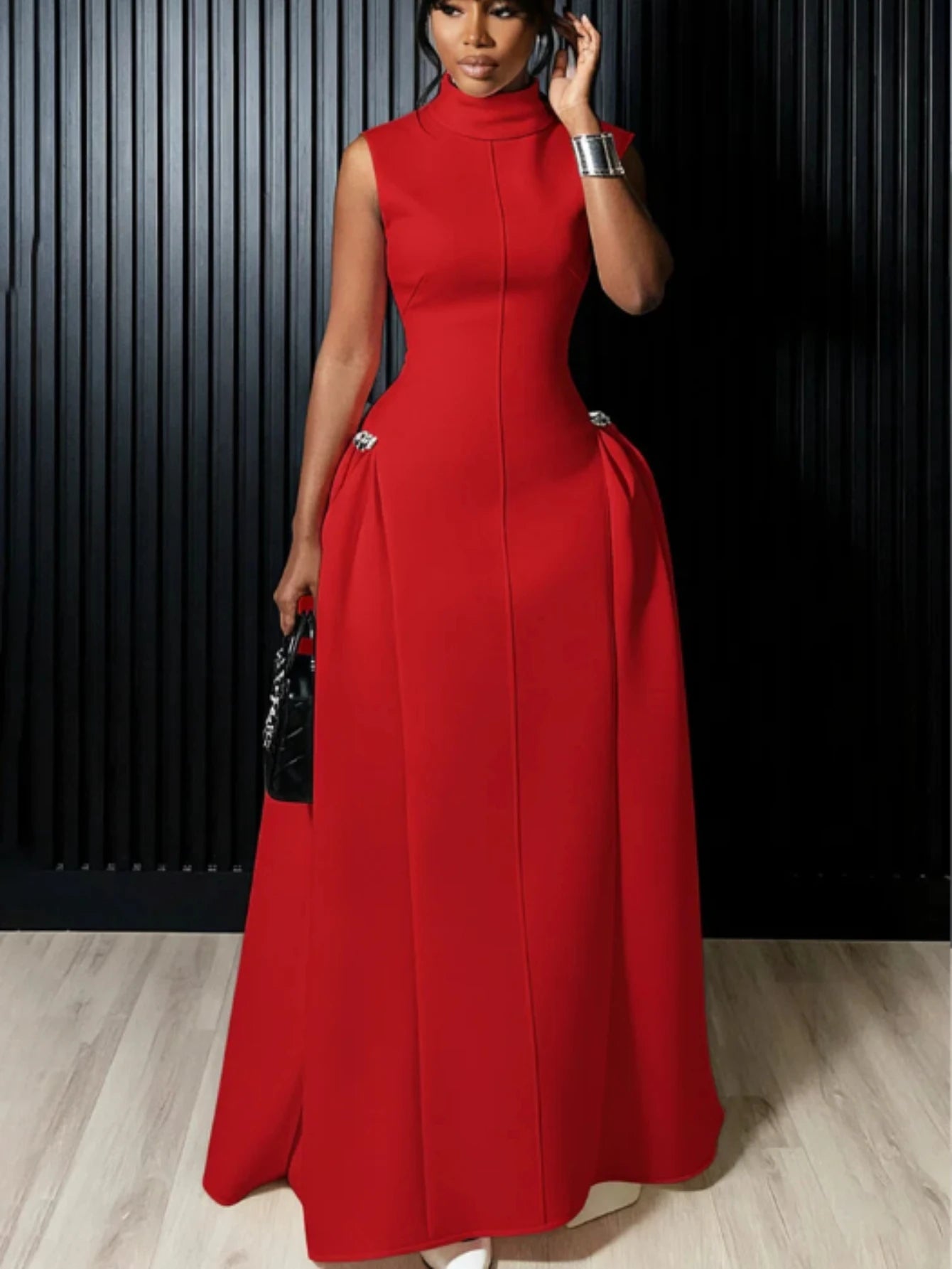 Women High Neck Sleeveless Fitted Floor Length Maxi Dress With Side Flared Detail For Formal Gala Wedding And Evening Party Occasion