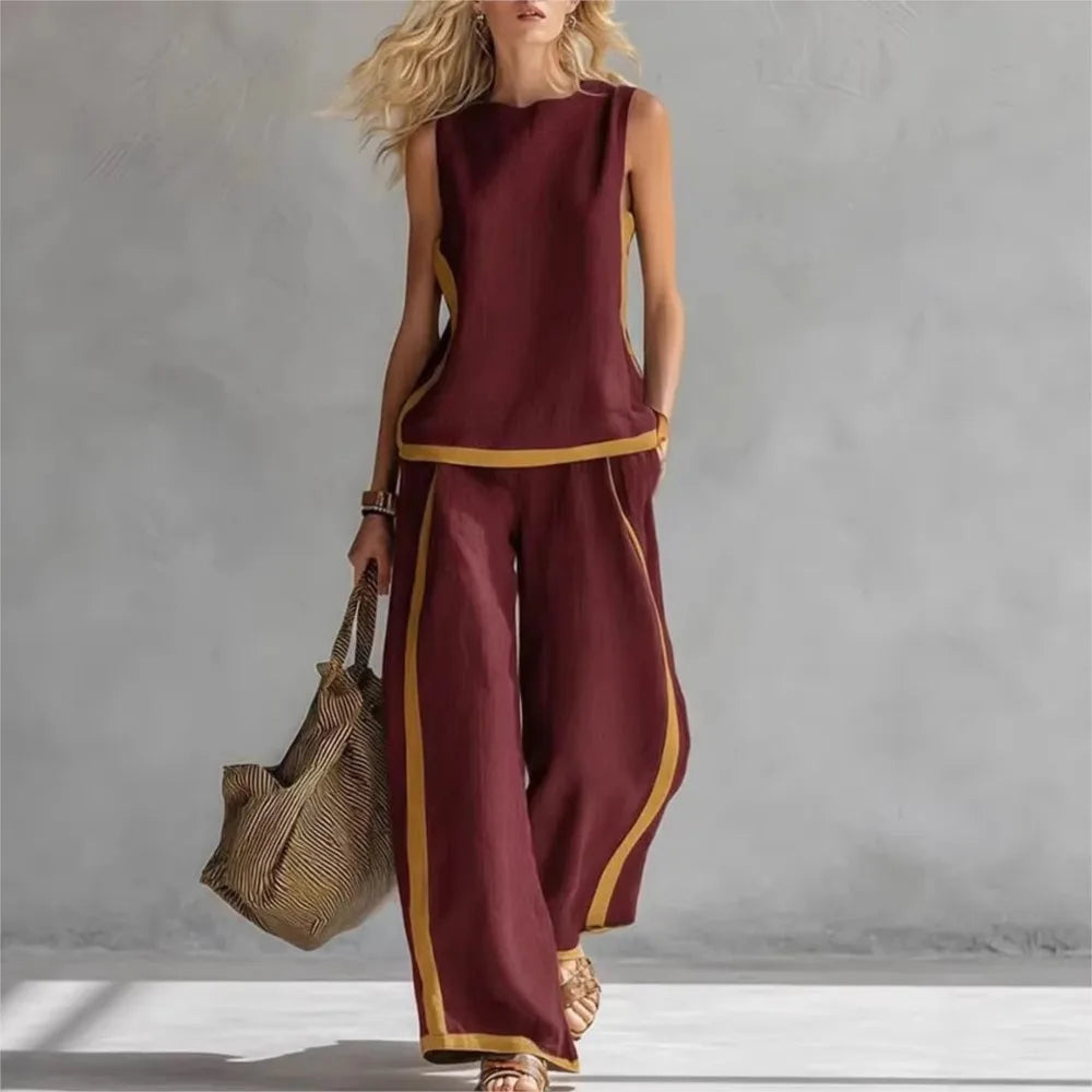 Two Piece Set – Striped Splicing – Synthetic Fiber | KIMLUD