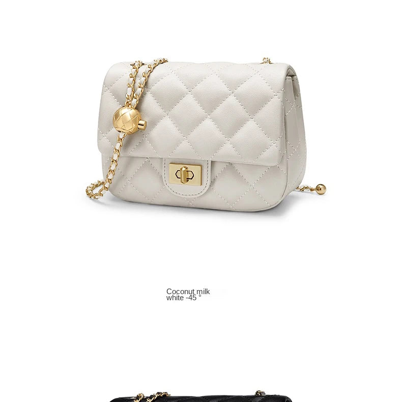 Leather Chain Crossbody Bag With Structured Small Square Silhouette And Polished Hardware — Black | KIMLUD
