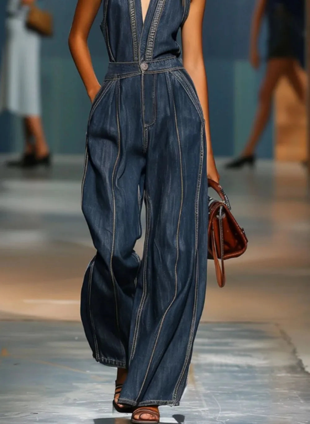 Faux Denim Jumpsuits & Rompers Halter Neck Sleeveless Wide-Leg — Blue | KIMLUD