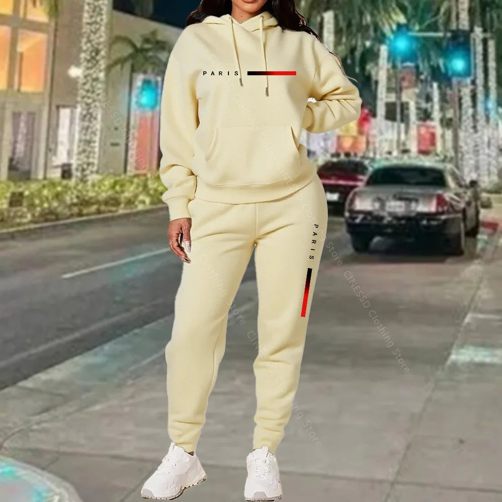 Paris Letter Print Hoodie and Pants Set — Cream | KIMLUD