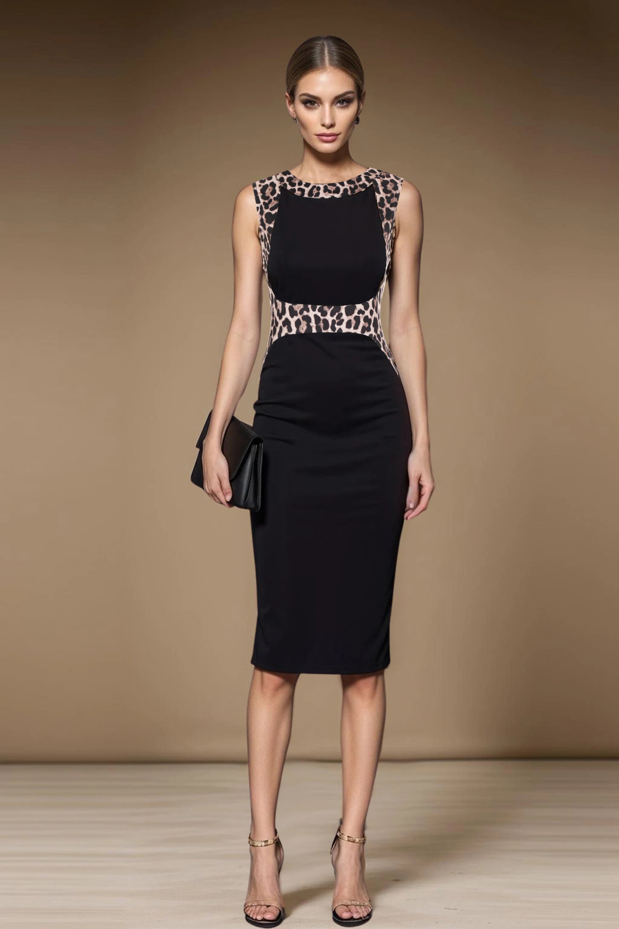 Womens Leopard Patchwork Crew Neck Sleeveless Cocktail Knee Length Business Casual Party Summer Pencil Bodycon Sheath Dress