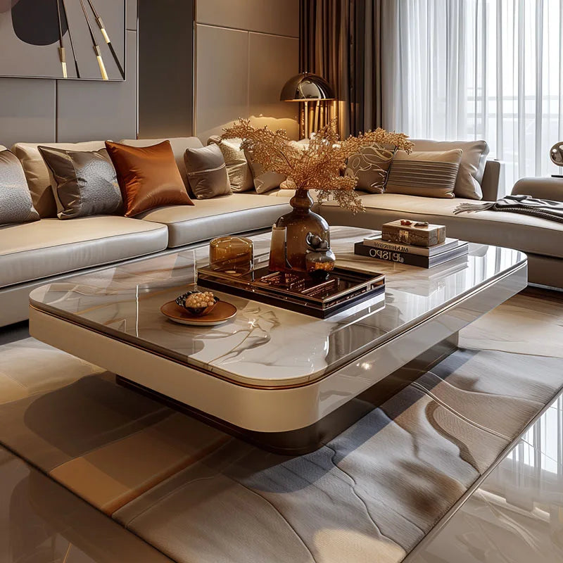 Metal Minimalist Coffee Table Low-Profile Rectangular With Concealed Storage — Marble White | KIMLUD