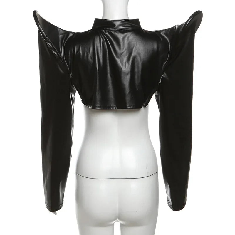 Cyber Y 2K Punk Faux Lederen Crop Jacks Gothic Grunge Streetwear Mode Jassen Met Ritssluiting Vrouwelijke Hoge Schoudervesten