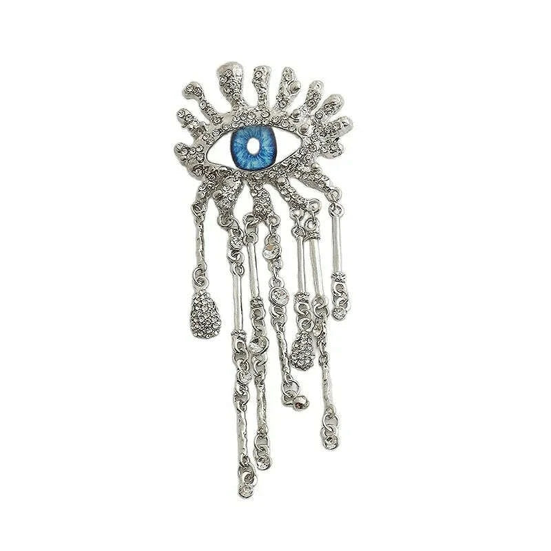 Retro Eye Shaped Rhinestone Brooch for Women and Men Tassel Chain Lapel Pins Badge Elegant Fashion Jewelry Accessories