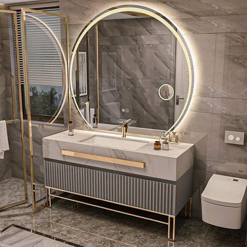 Oak Vanity Cabinet With Rock Slab LED Lighting — Grey | KIMLUD