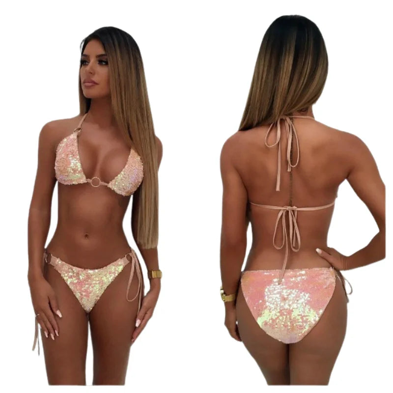 Sequin Bikini Set With Halter Neck — Emerald | KIMLUD