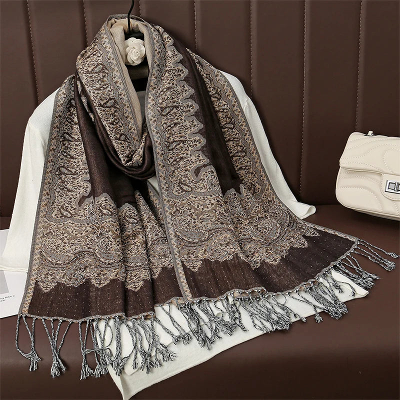Cashmere Pashmina Shawl With Autumn Print Design, Olive Accents And Gold-Toned Fringe — Red | KIMLUD