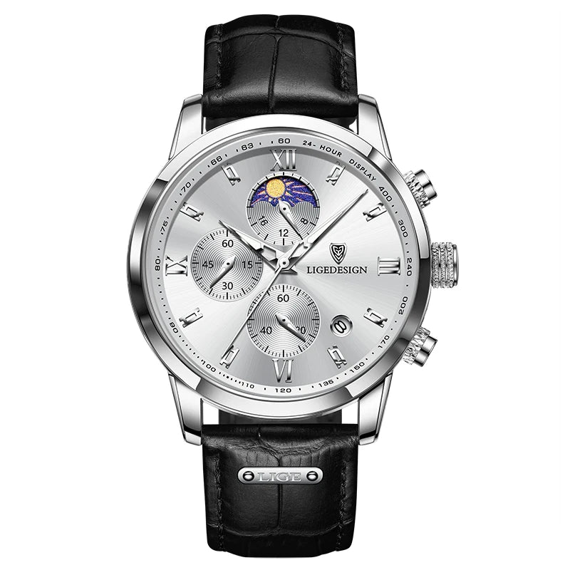 Leather Chronograph Military Watch 40–44mm Dial, Luminous Hands, 3 Bar Water Resistant — Black | KIMLUD