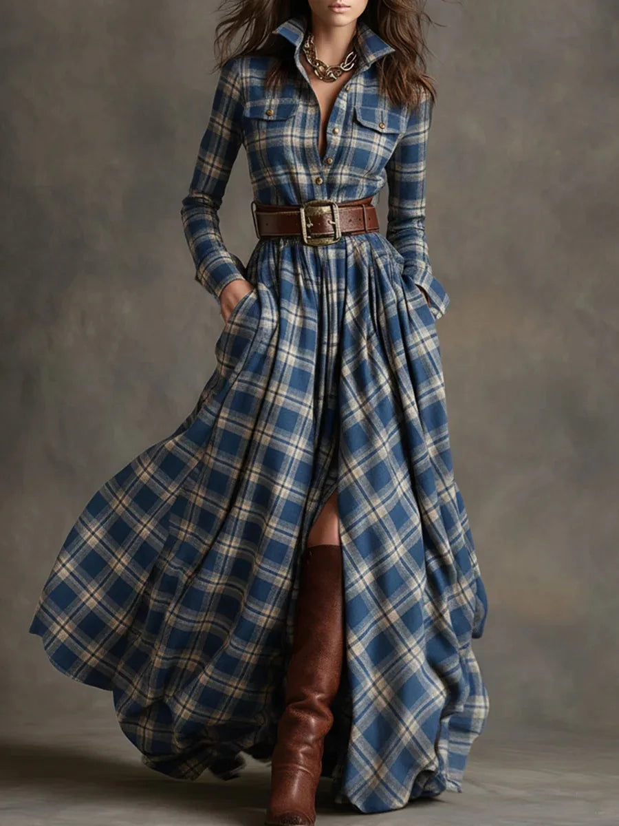 Polyester A-Line Dress Plaid Belted Retro Long Sleeve Turn-Down Collar — Black | KIMLUD