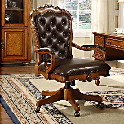 12American Genuine Leather Retro Carved Solid Wood Swivel Chair Office Chair Lift