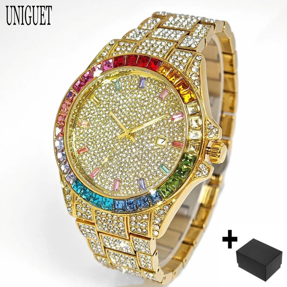 Gold Stainless Steel Watch Rainbow Diamond — Gold | KIMLUD